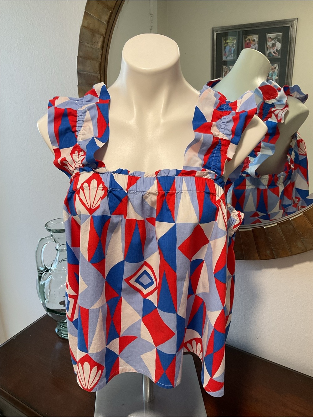 Printfresh Red, Blue & White Geometric Ruffle Crop Top